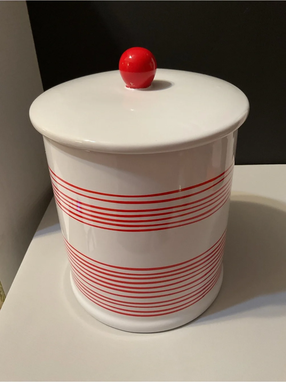 White and Red Ceramic Cookie Canister with Lid - Playful Text